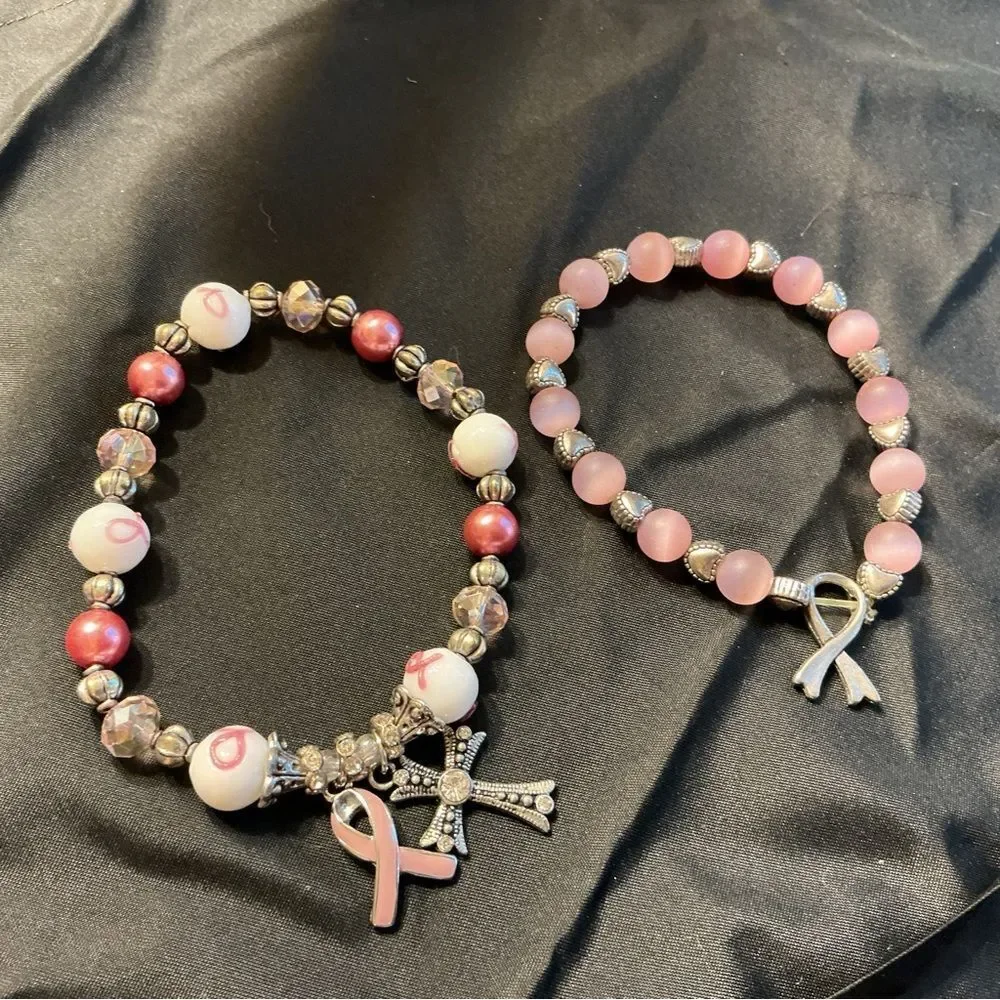 Set of 2 Breast Cancer Awareness Bracelets in Pinks and Charms